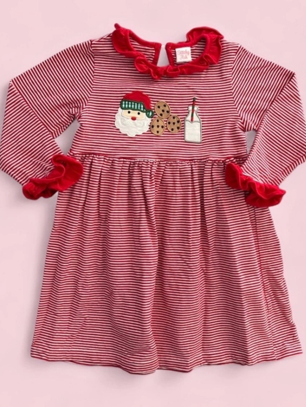 Stitchy Fish Red Stripe Christmas Santa Milk & Cookies Appliqué Dress Sz 4T